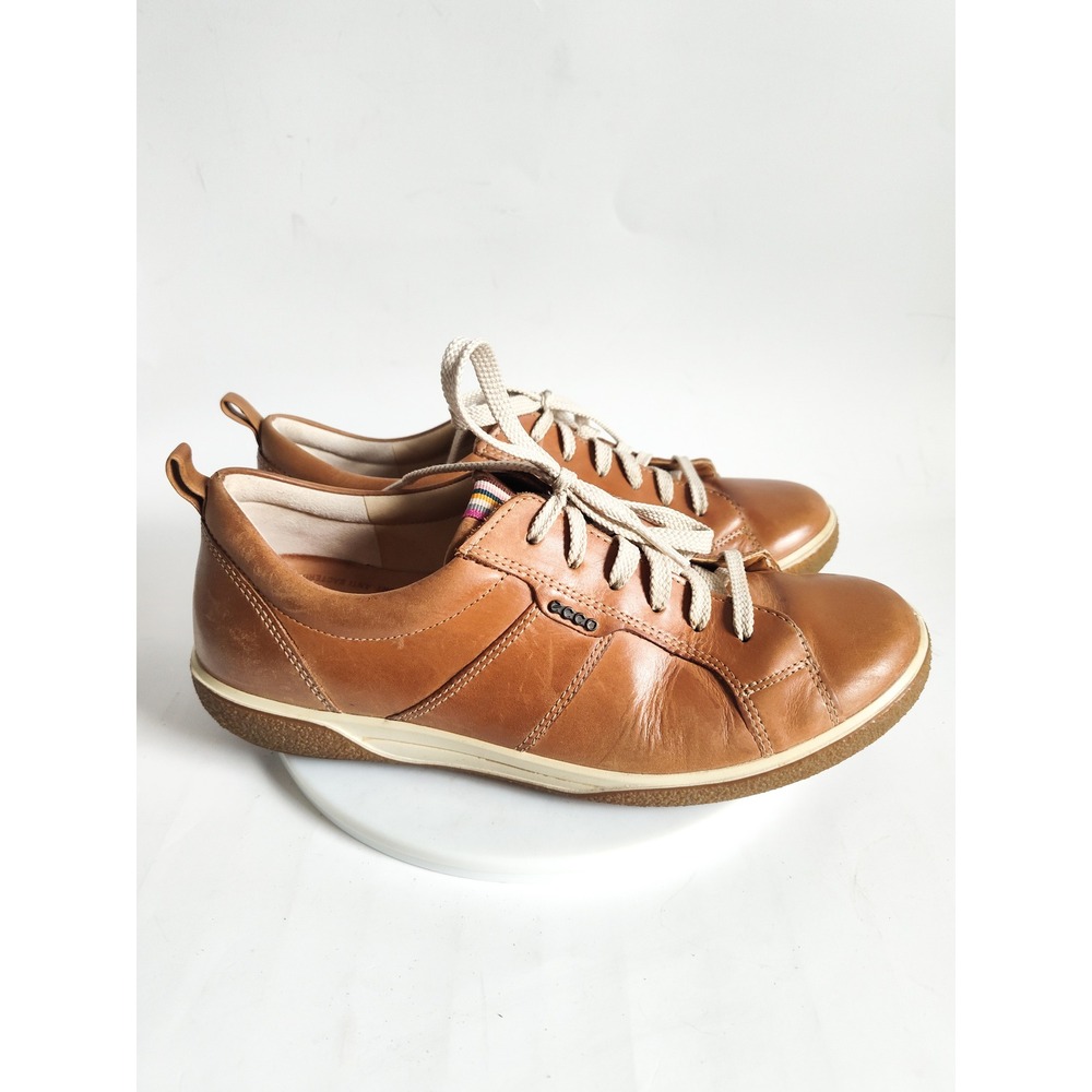 Ecco Sneakers 7 - 7.5 38 Leather Tan Brown Lace Up Casual Walking Neutral Travel